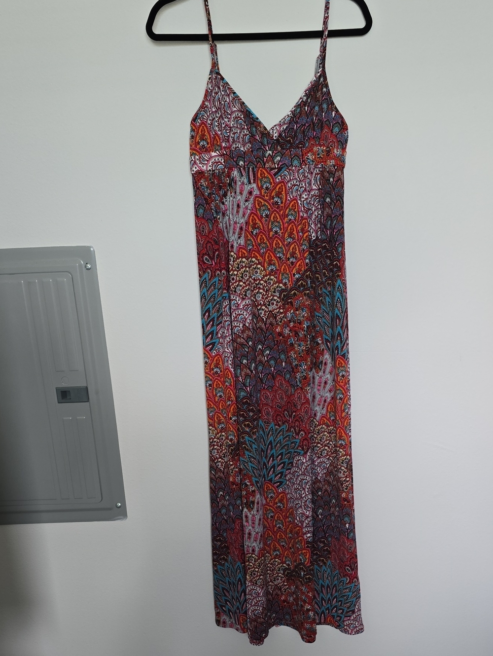 Vibrant Multi-Print Spaghetti Strap Maxi Dress - Red & Blue Tones